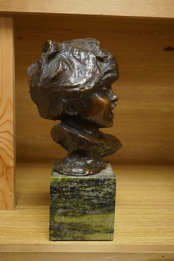 Jean Antoine Injalbert, bronzed head of a child on marble base, 28cm. Condition - good